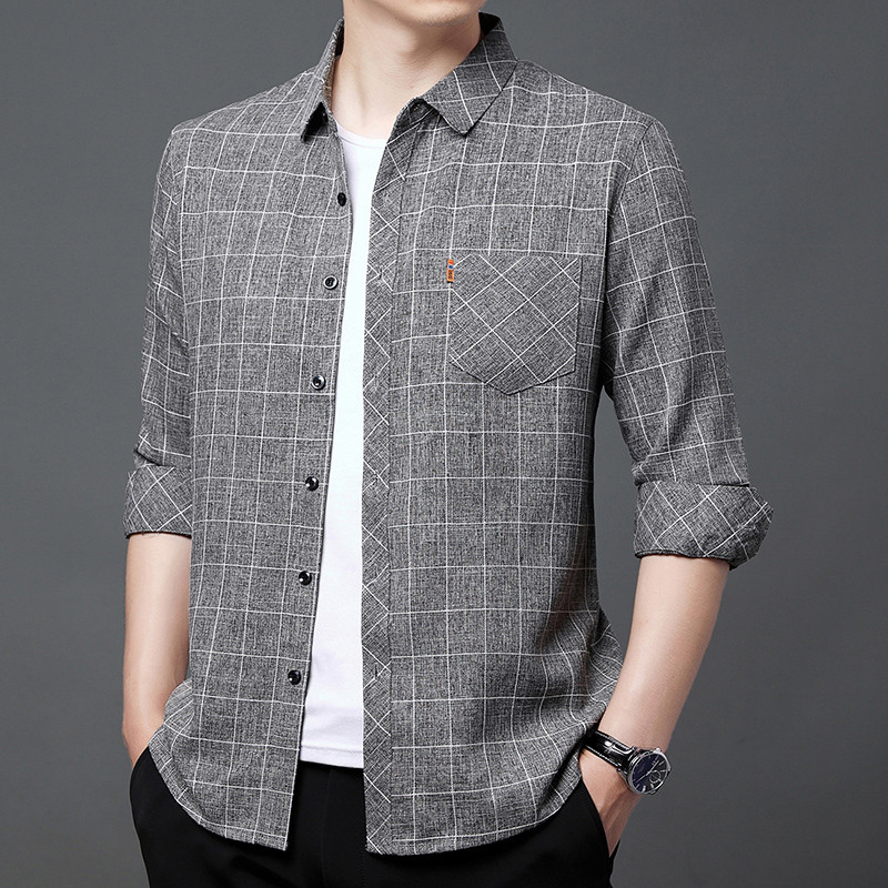 2023 primavera outono linho camisa masculina de manga comprida Casual fino verificado camisa masculina não-ferro jaqueta