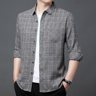 2023 primavera outono linho camisa masculina de manga comprida Casual fino verificado camisa masculina não-ferro jaqueta