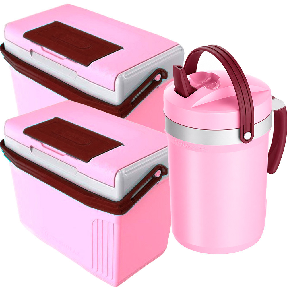 Kit Termolar Praia Camping 2 Caixa Cooler Térmico Rosa 8 Litros e 1 Jarra Térmica Rosa 2,5L Tereré