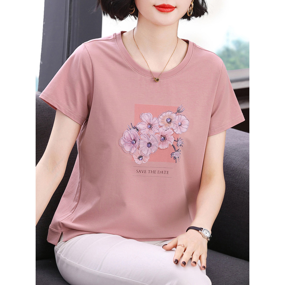 Mãe camiseta de manga curta feminina novo estilo 2026 verão Casual puro algodão camiseta de meia-idade idosos feminino r