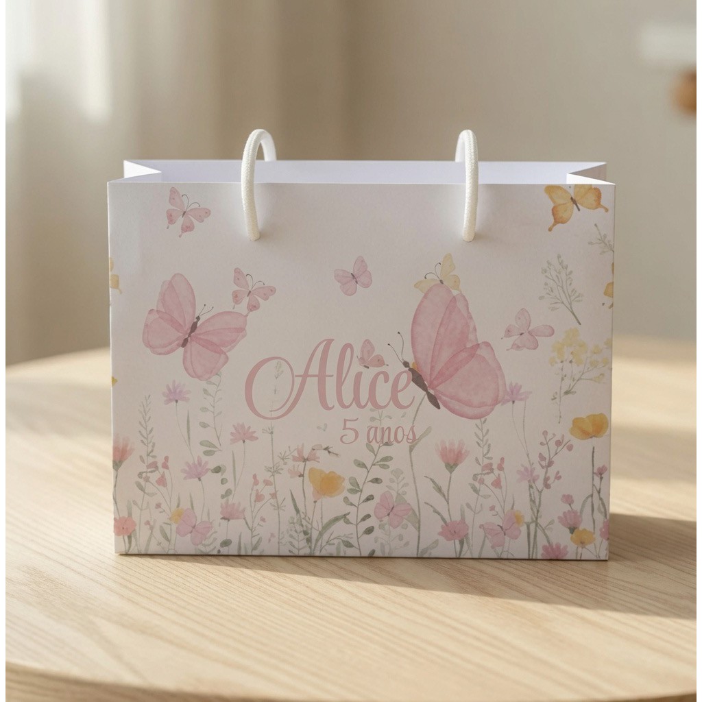 Sacolinhas Reta Aniversario Infantil  Personalizada Jardim das borboletas rosa Menina (20x15x5cm) ENVIO RAPIDO