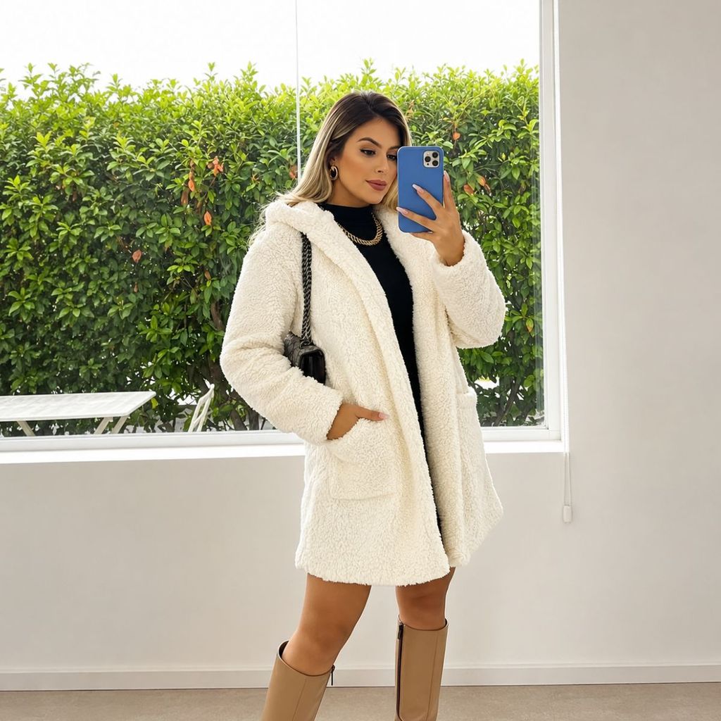 Casaco Teddy Feminino Tamanho Único Peludo Com Capuz Sobretudo Inverno Macio Para Dias Frios
