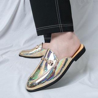 Meia chinelos masculino verão preguiçoso pessoas deslizamento em sandálias de couro moda Horsebit chinelos sapatos de co