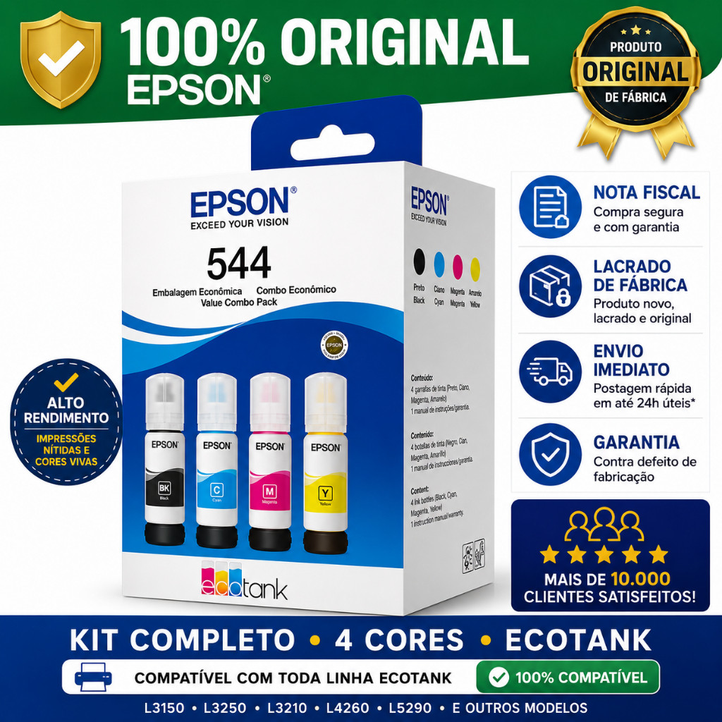 Refil 4 Tintas Kit 544 Epson Original Para Impressora L3250 L3210 L5190 L3110