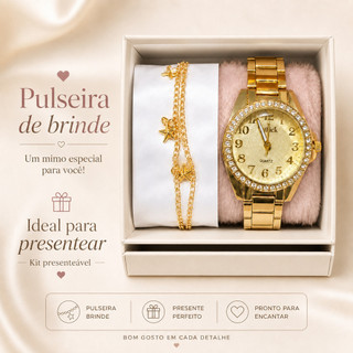 Relógio Feminino Dourado Elegante Social Pulseira de Metal Resistente à Água Leve Confortável para Presente
