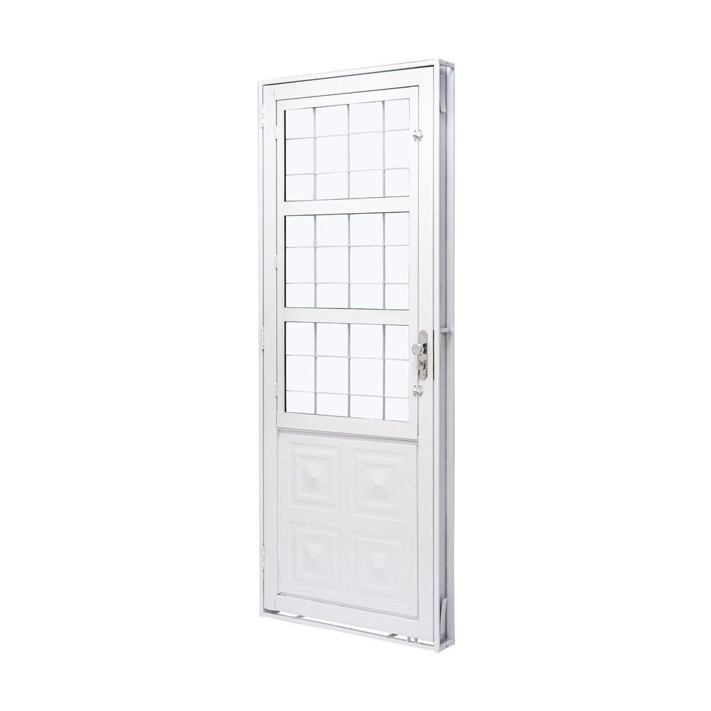Porta de Aço com Postigo 215x83cm com Grade Quadriculada e Vidro Liso Qualitysol Ramassol Branco/pol
