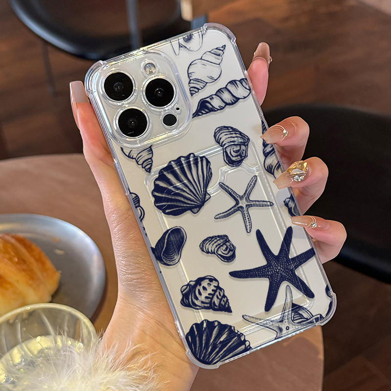 Capinha mar conchas transparente com cartãoa Anti-impacto Para Samsung A07 A16 A17 S25 PLUS EDGE A14 A54 A55 A35 A23