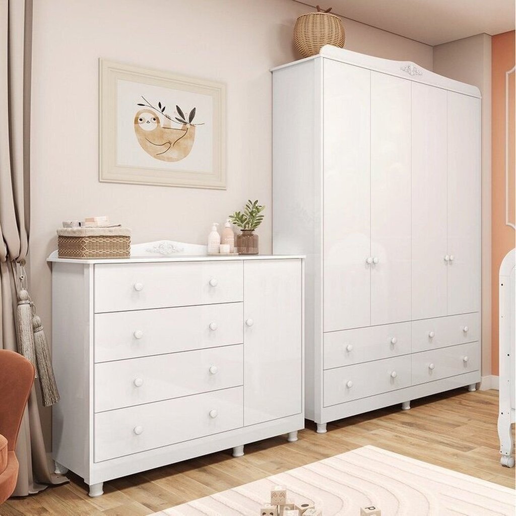Quarto Infantil com Guarda Roupa 4 Portas e Cômoda 1 Porta 100% MDF Maya Clássico Espresso Móveis Br Branco Brilho