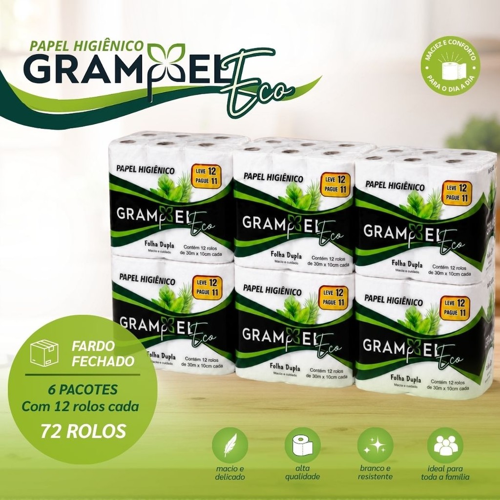 Fardo Papel Higiênico Folha Dupla Grampel Eco Resistente Econômico 30 Metros Com 72 Rolos (6pct x 12 Rolos)