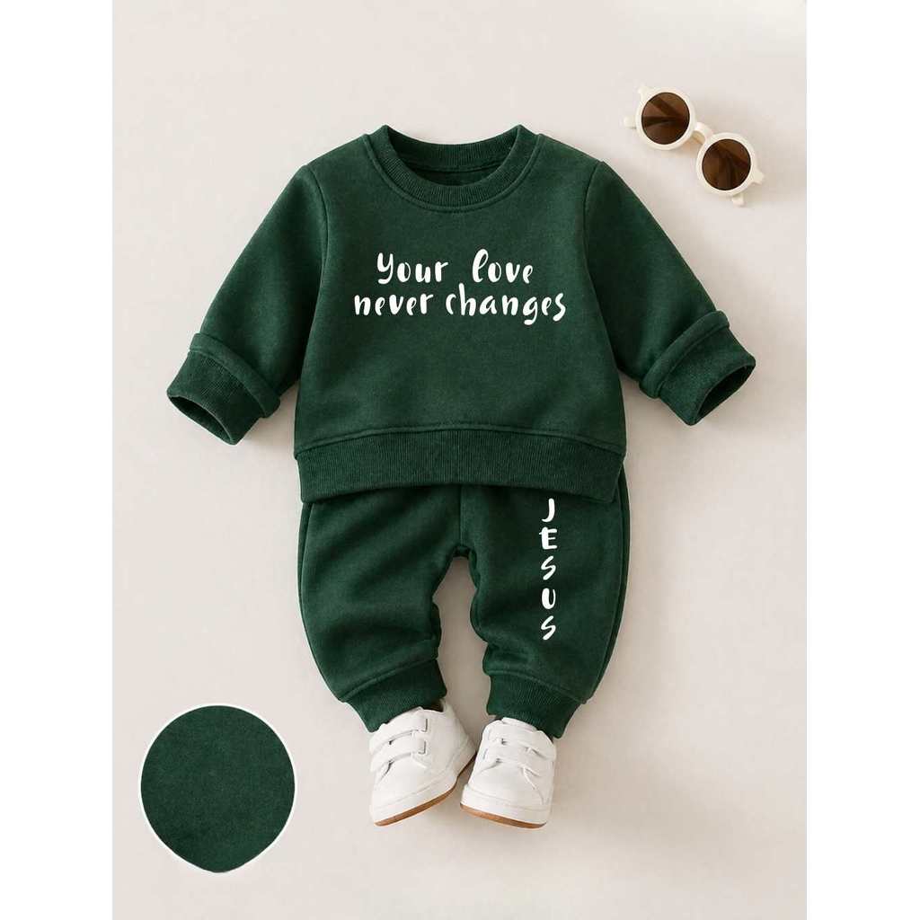Conjunto Infantil Cristão Your Love Never Changes Moletom Felpado Roupa de Inverno Gola Careca
