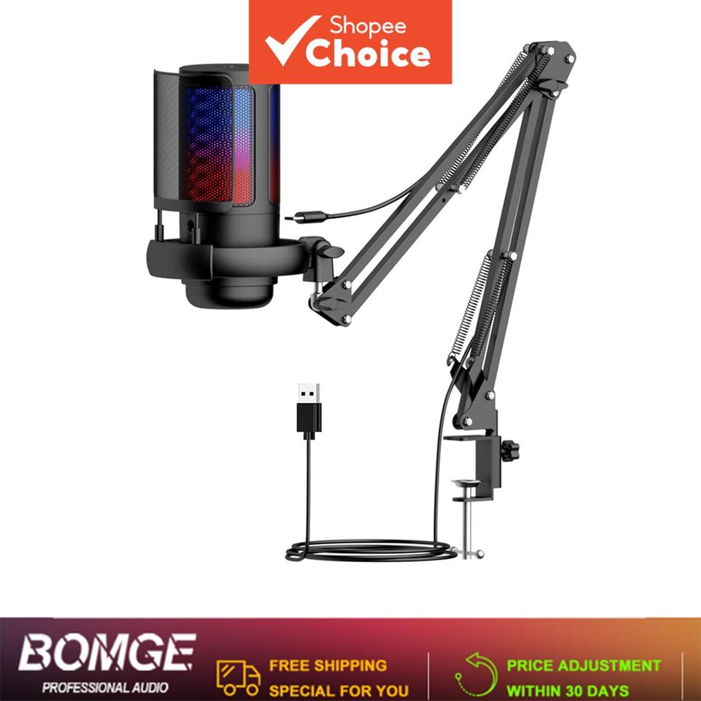 BOMGE ME6S Microfone de condensador USB Hi-Res com redução de ruído e RGB para jogos, streaming e podcast