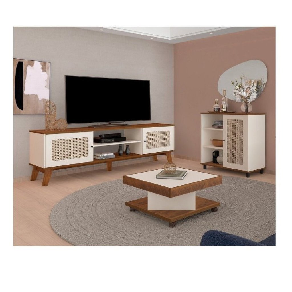 Kit 3 Peças com Rack para TV até 75 Polegadas Buffet e Mesa de Centro Memphis Saara Artely Bege