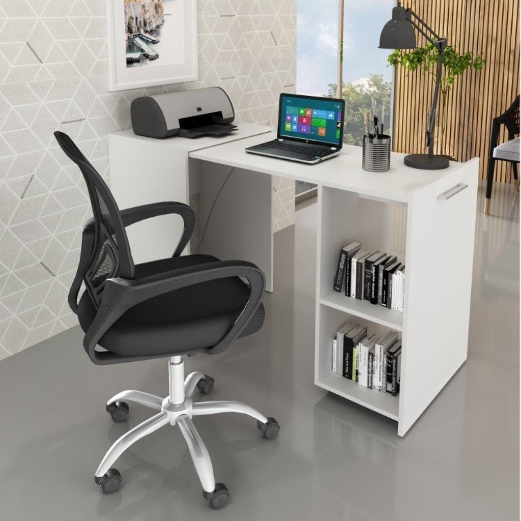 Conjunto 2 Peças com Escrivaninha Retrátil para Escritório com Cadeira para Diretor Tela Mesh Branco Preto Branco