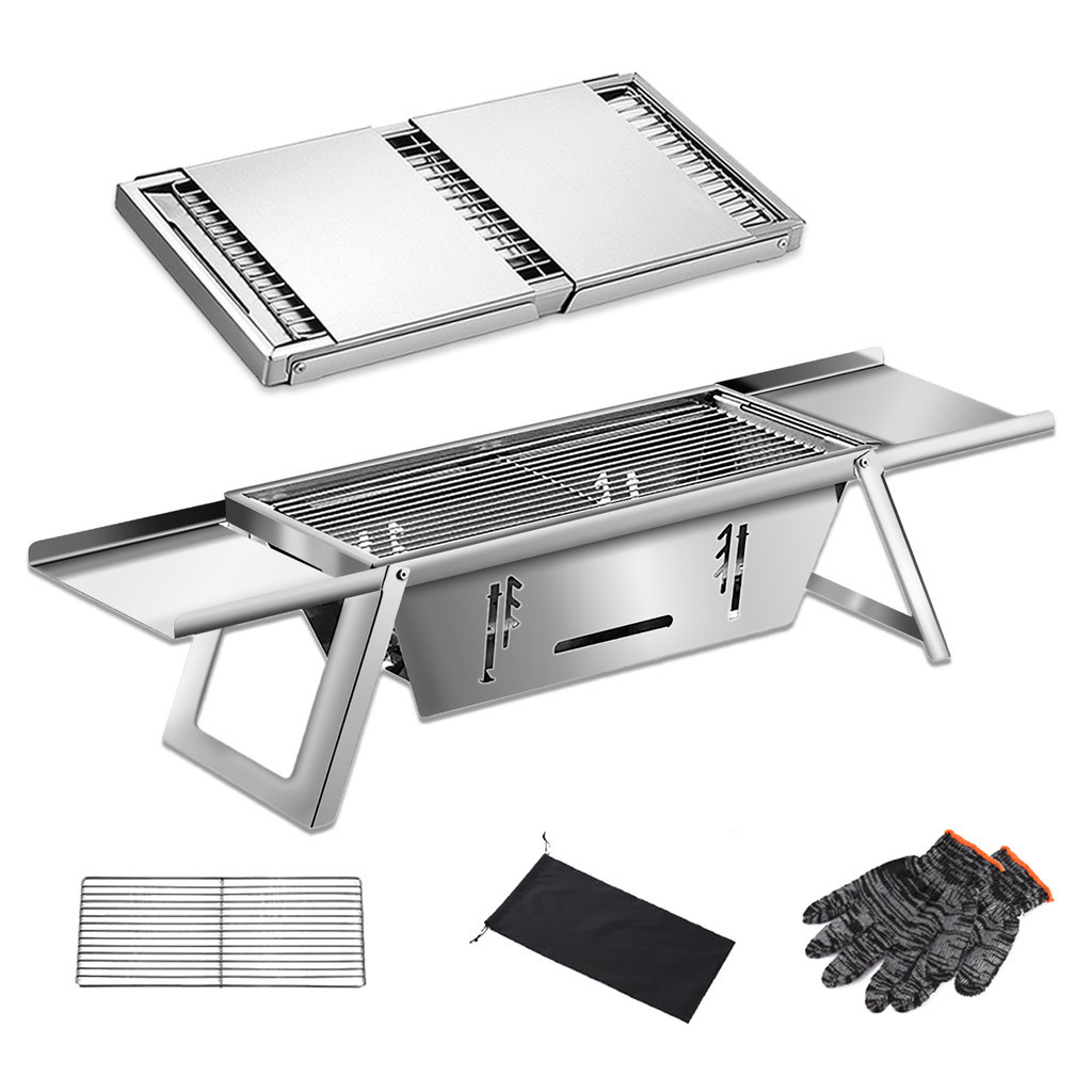 Churrasqueira a Carvão Portátil em Inox Desmontável Ideal Para Mesa, Sacada, Pesca e Camping