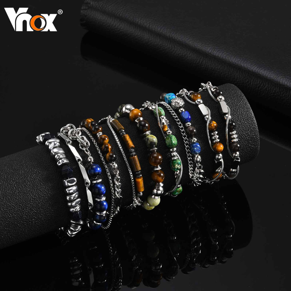 Coleção De Pulseiras Masculinas Vnox Com Contas Em Camadas , Corrente De Aço Inoxidável , Presente De Pai Duplo Para Irm