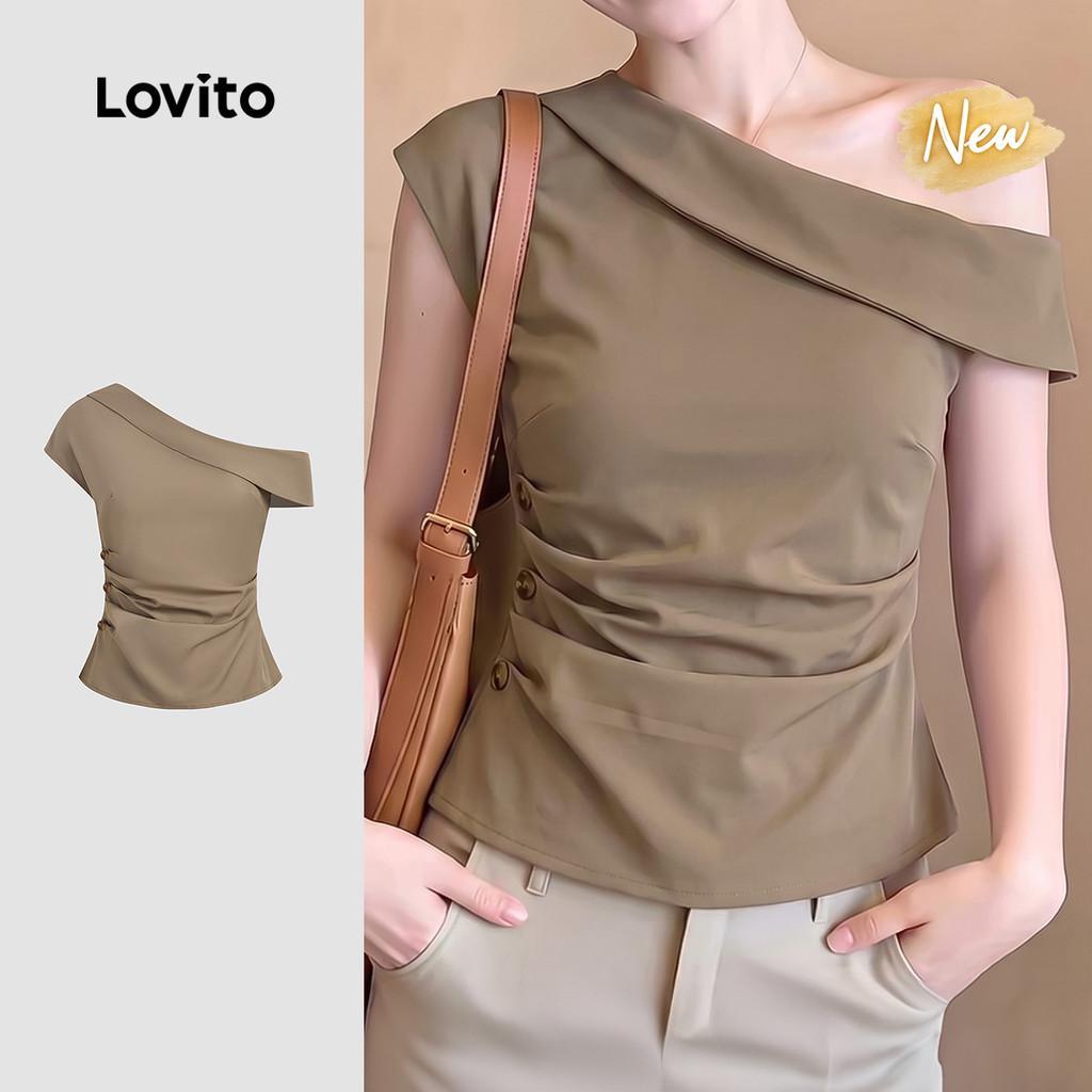 (New Arrival) Lovito Blusa Casual Ombro a Ombro Assimétrica Botão Primavera/verã