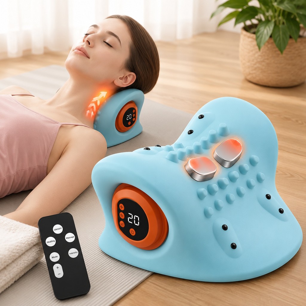 Massageador Cervical Elétrico com Tração Aquecimento EMS Pulso Alívio da Dor Pescoço e Ombros