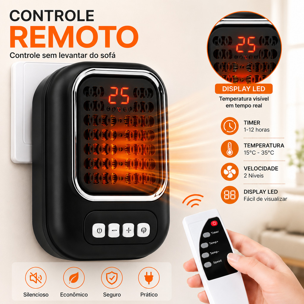 Aquecedor Elétrico Portátil de Tomada com Controle Remoto Display Digital Timer Aquecimento Rápido