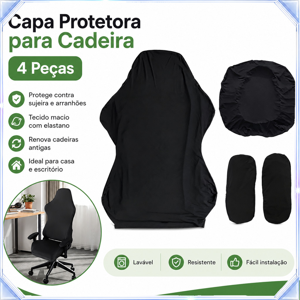 Conjunto 4 Capas para Cadeira Gamer, Assento, Encosto e Apoio Braço