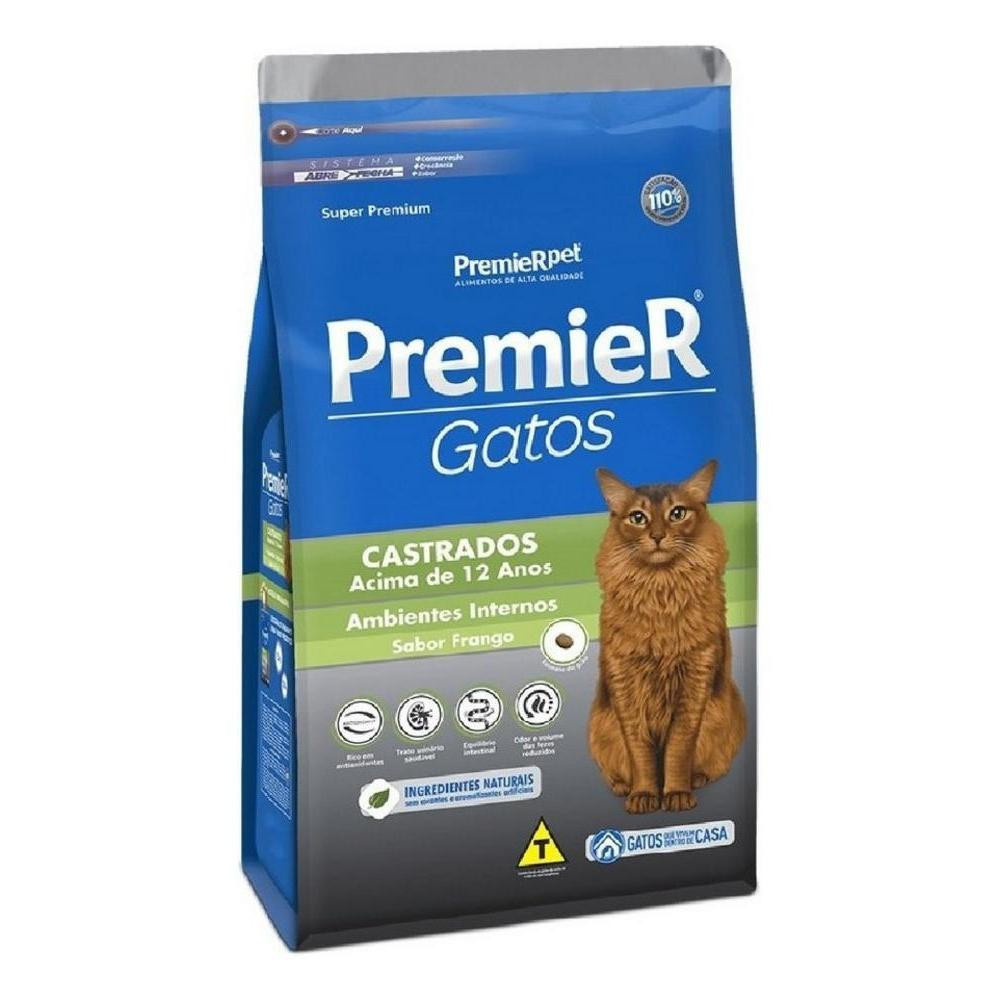 Ração para Ambientes Internos Gatos Adultos Castrados Acima 12 Anos Frango Premier 0,5Kg