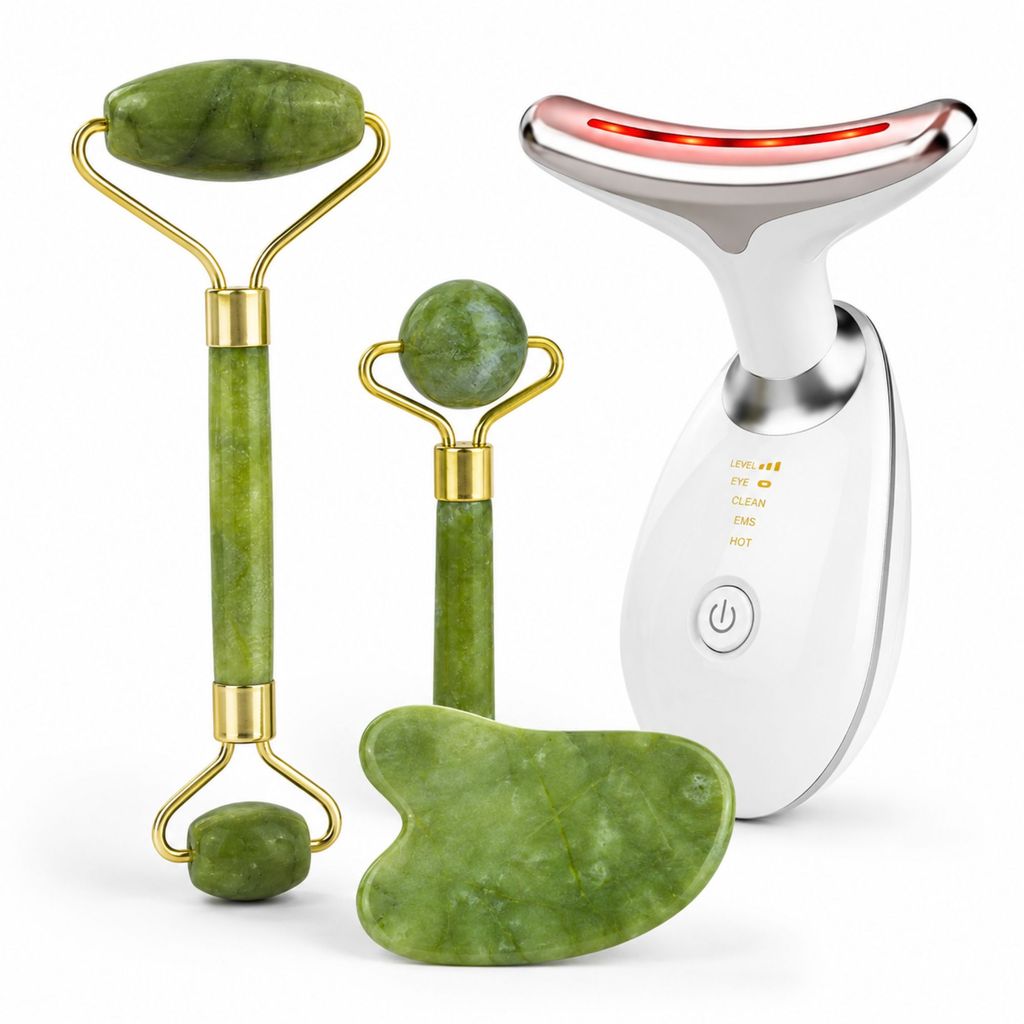 Kit Jade Roller Gua Sha Massageador Facial LED 7 Cores 3 em 1