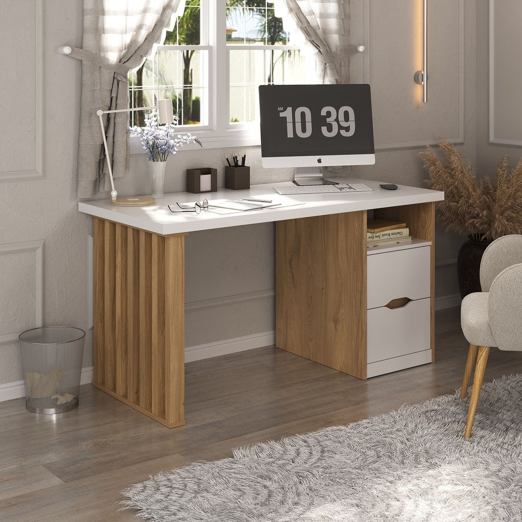 Escrivaninha Mesa Escritório Elegante com Pés Ripado e Florence 2 Gavetas 1 Nicho 142,2cm Olmo e Branco Artany