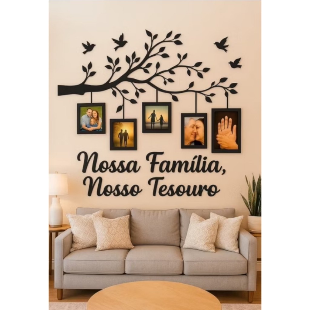 Quadro Decorativo Nosso Tesouro Família com Molduras Árvore Porta-Retratos de Parede em MDF para Sala