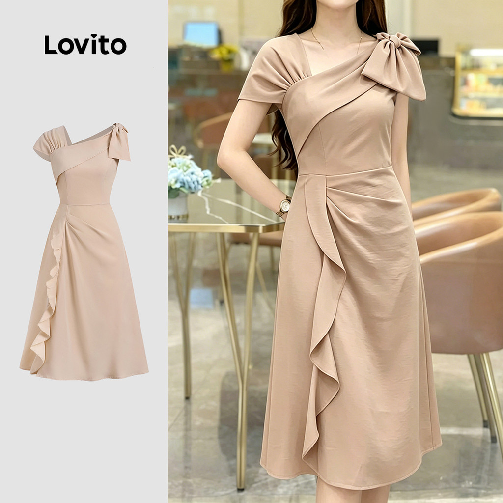 (New Arrival) Lovito Vestido Elegante Assimétrico de Babado com Laço Cor Cáqui p