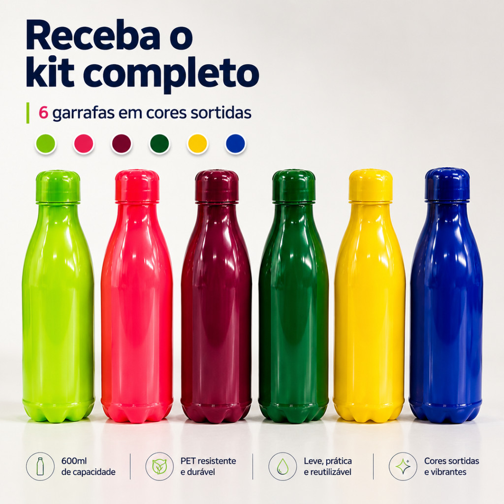 Kit 6 Garrafas Pet Paris 600ml Cores Sortidas Cozinha Água — imagem 2 de 2