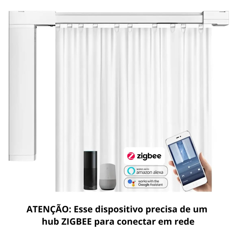Cortina Inteligente Motorizada Zigbee Trilho Até 4,1m + Hub Zigbee Incluso | Alexa, Google e Siri | Bivolt