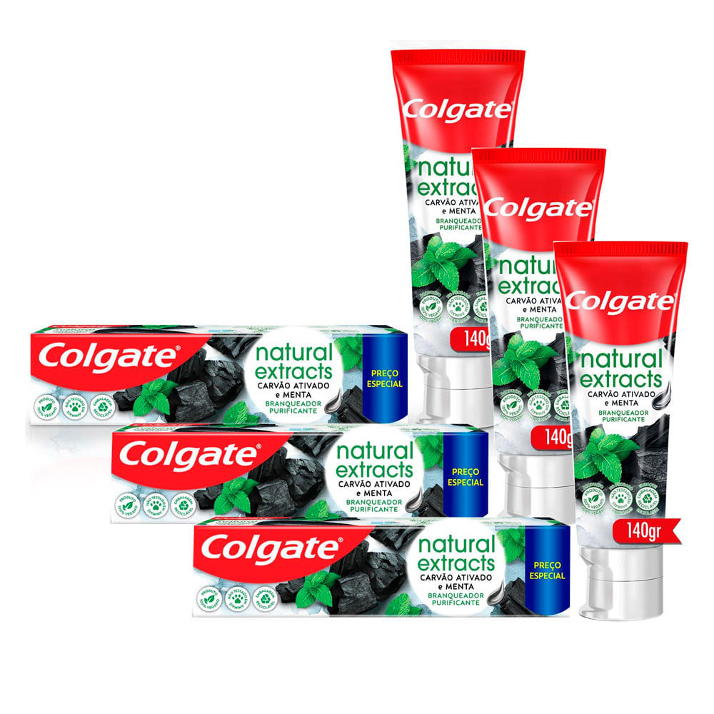 Kit 3 Creme Dental Colgate Natural Extracts Carvão Ativado e Menta 140g
