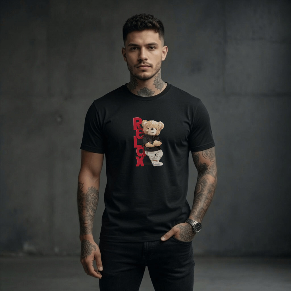 Camiseta Masculina Estampada Urso Braço Cruzado 100% Algodão Premium Camisa Blusa Homem Academia Confortavel Plus Size