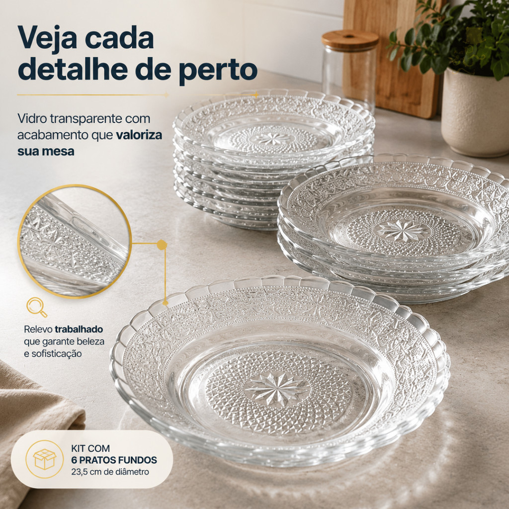 Kit 6 Pratos Fundo De Vidro Star 23,5cm Cozinha Decoração · foto 2