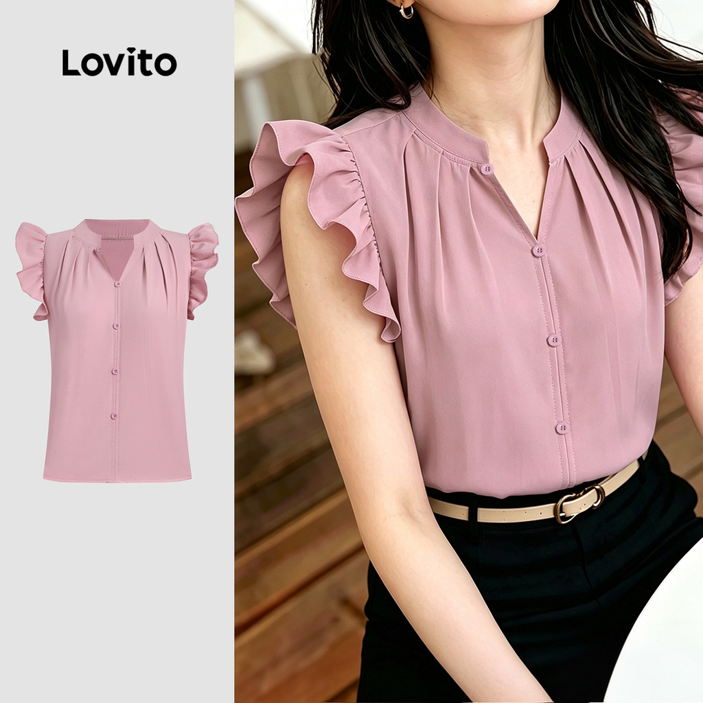 (New Arrival) Lovito Blusa Elegante Plissada Botão Babado Primavera/verão Rosa B