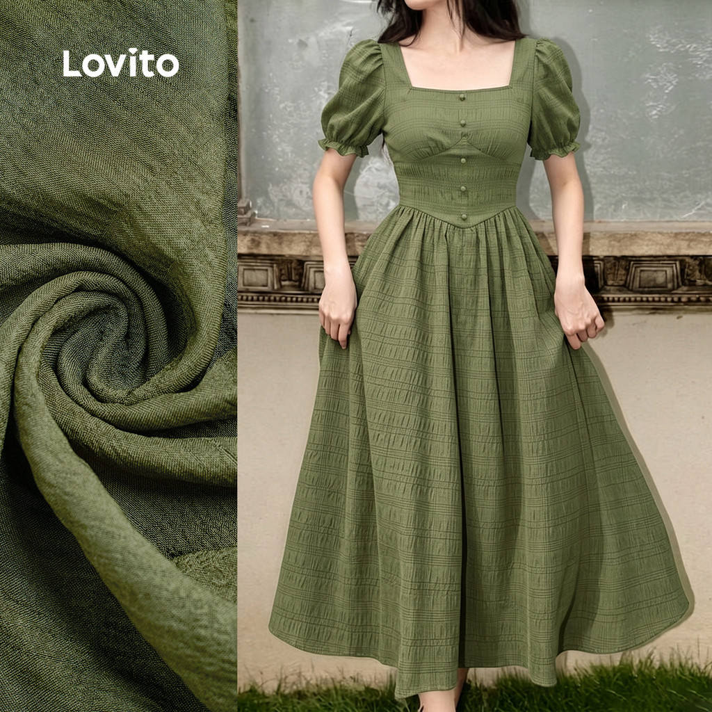 (New Arrival) Lovito Vestido Casual de Botão Jacquard Verde para Mulheres primav
