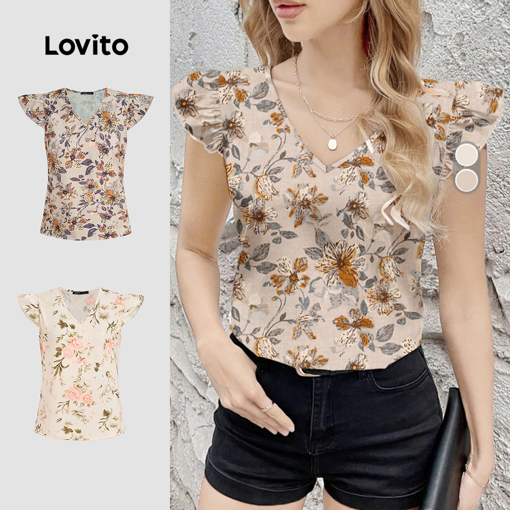 Lovito Férias Blusa de Babado com Flores Primavera/verão para Mulheres L155ED739