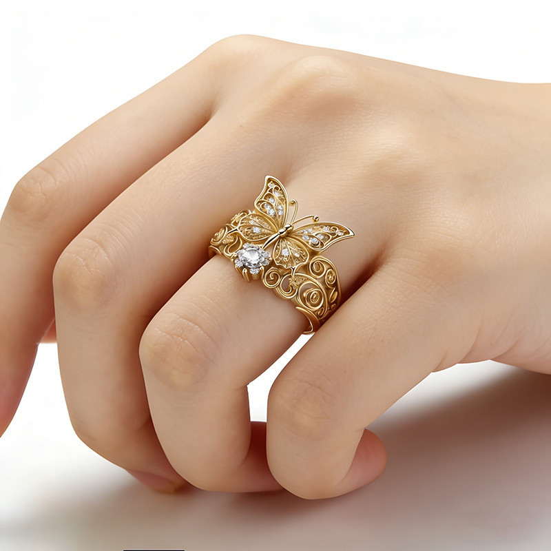 Anel feminino com diamantes, anel elegante, anel de estilo luxuoso, anel de temperamento leve