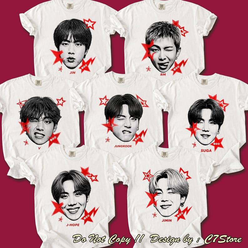 Camiseta Masculina Feminina Oversized Estampa Rosto Integrantes BTS Estrelas Vermelhas Camiseta Streetwear Unissex