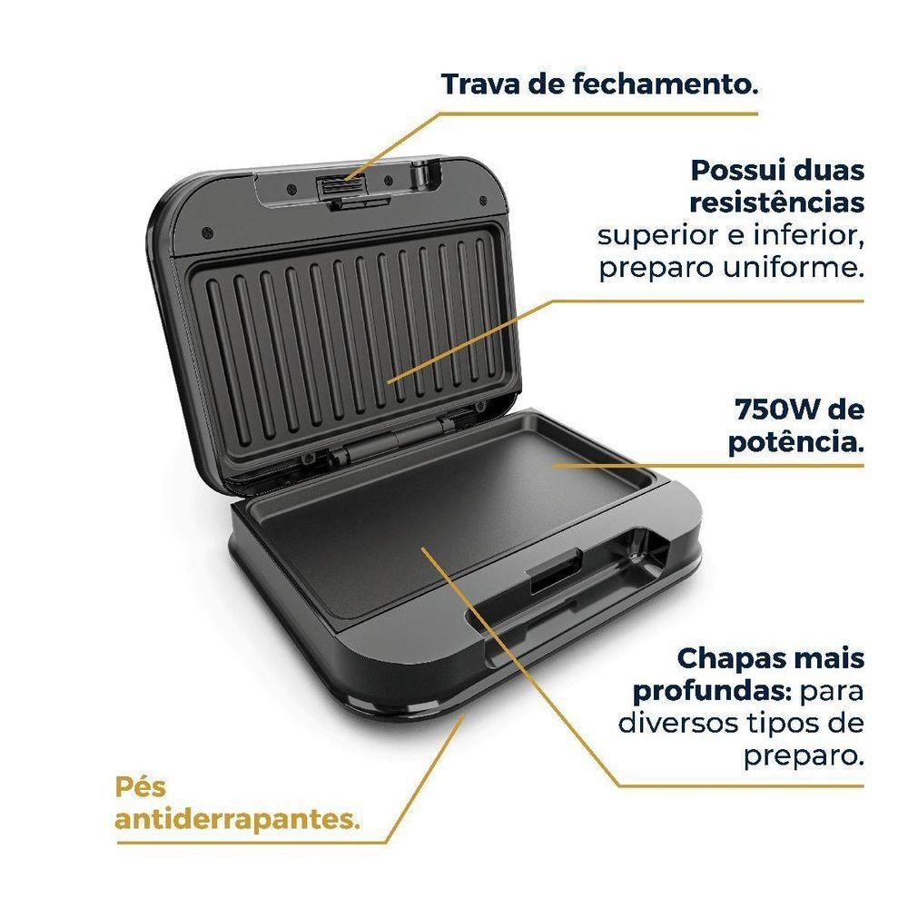 Grill Britânia BGR24A 2 em 1 Sanduicheira Antiaderente Chapa Profunda 750W Preto 110V · foto 2