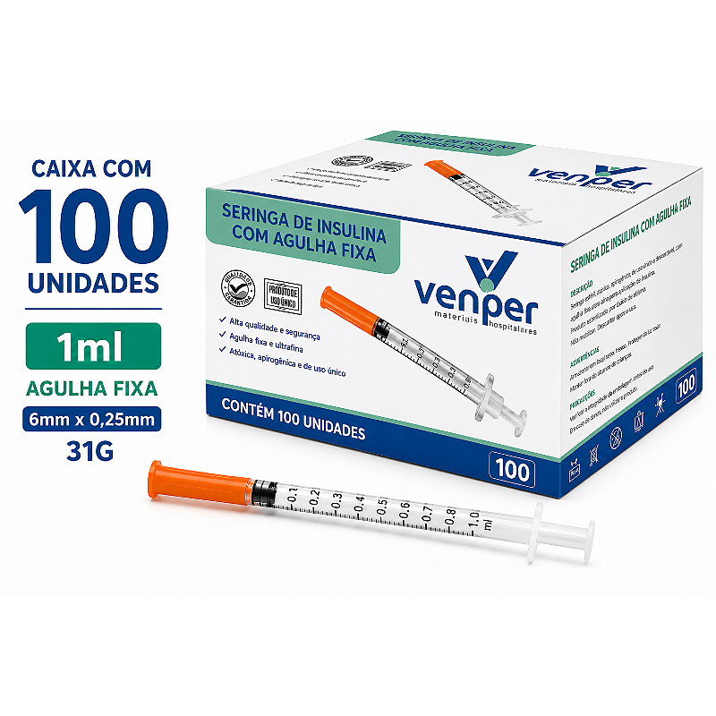 Caixa C/100 Seringas de Insulina Agulha Fixa 6mm x 0,25mm 31g 1ml (100UI) - Venper