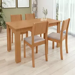 Conjunto Sala de Jantar Easy Line 4 Lugares Tampo MDP Cadeiras Linho Amêndoa 136CM Móveis Lopas