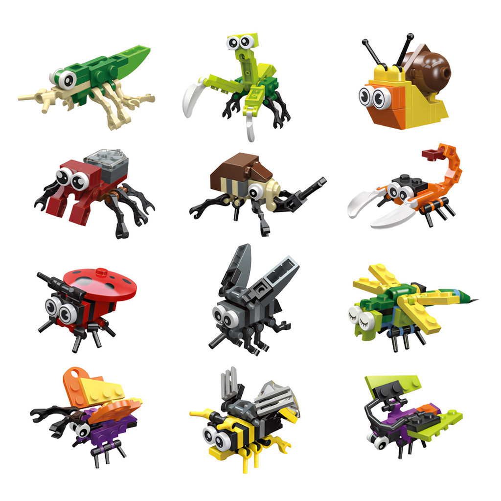 Kit Blocos de Montar Insetos 12 Peças Educativo Montagem Brinquedo ABS