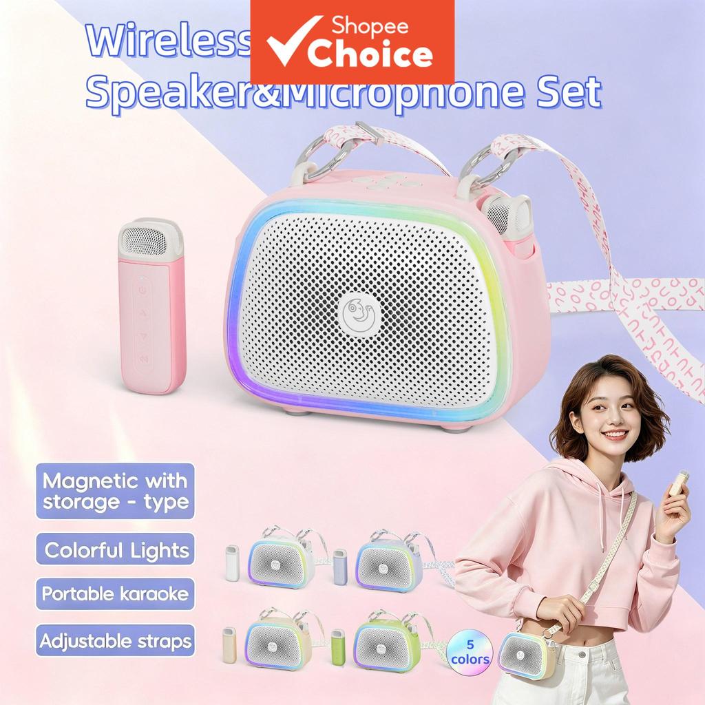 Mini Máquina de Karaokê, Caixa Bluetooth portátil com 2 Microfones sem fio, Máquina de Cantar com Luzes para Crianças,