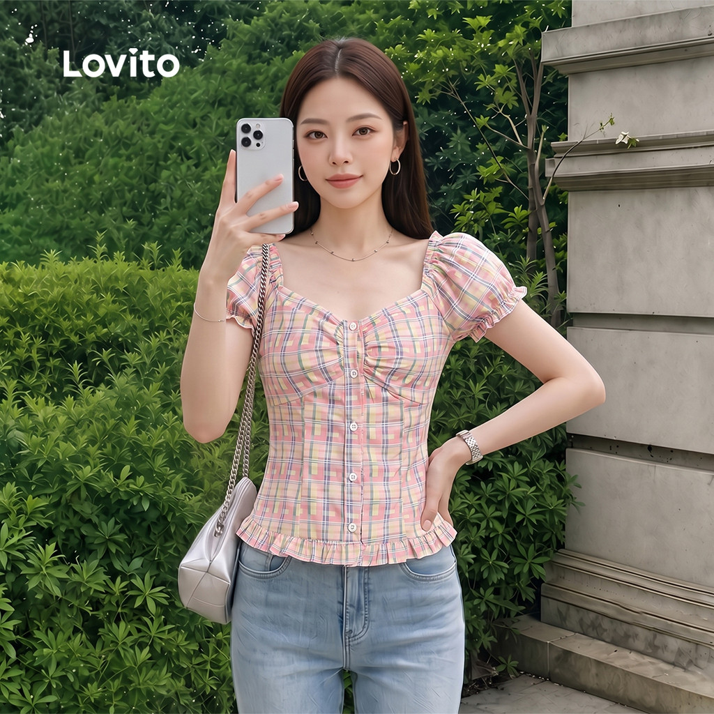 Lovito Blusa Casual com Babados e Botões Série Morandi Primavera/verão Blusa Rosa para mulheres BLB201P1D075 — imagem 2 de 2