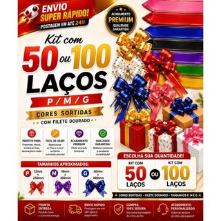 Kit 50 E 100 Laços Mágicos Para Presente Com Filete Dourado P/M/G Diversas Cores