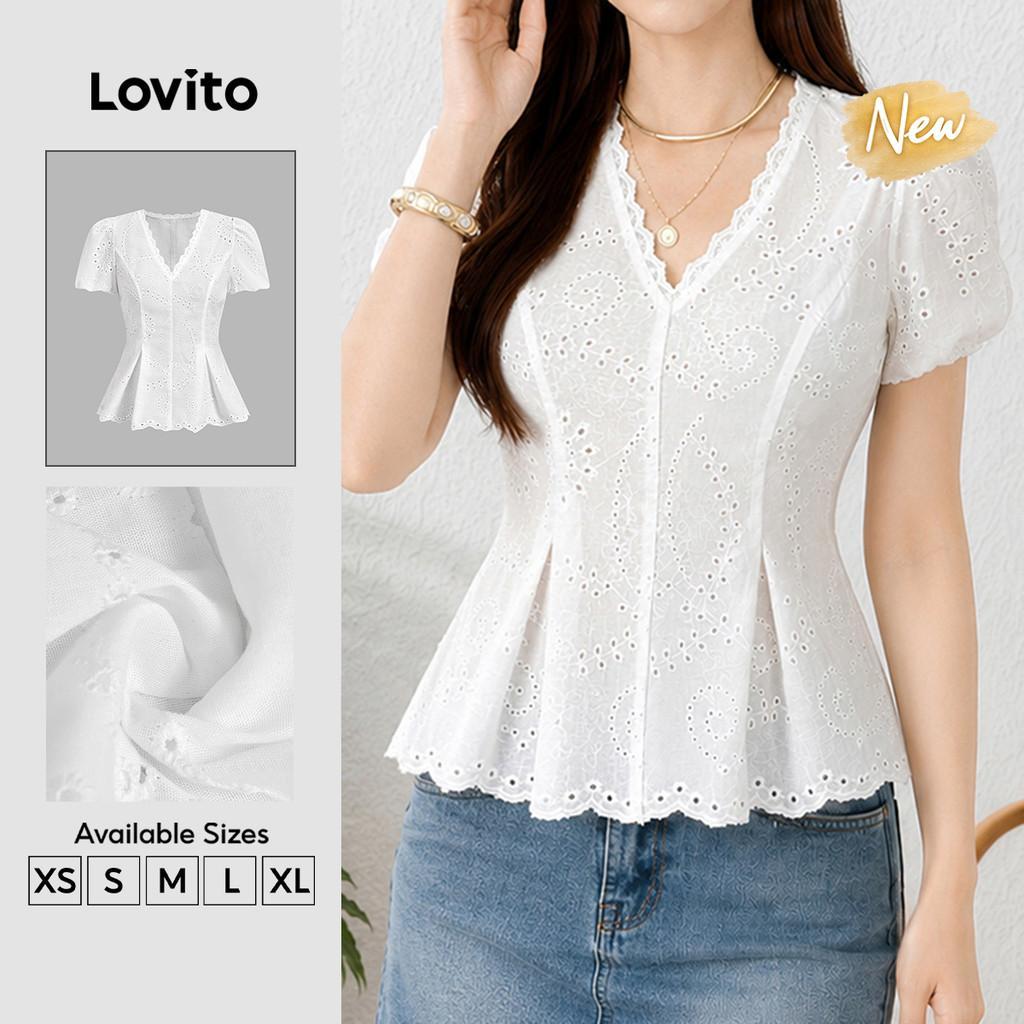 (New Arrival) Lovito Blusa Boho bordada em algodão com babado gola estruturada branca primavera/verão para mulheres BLB202P2D229
