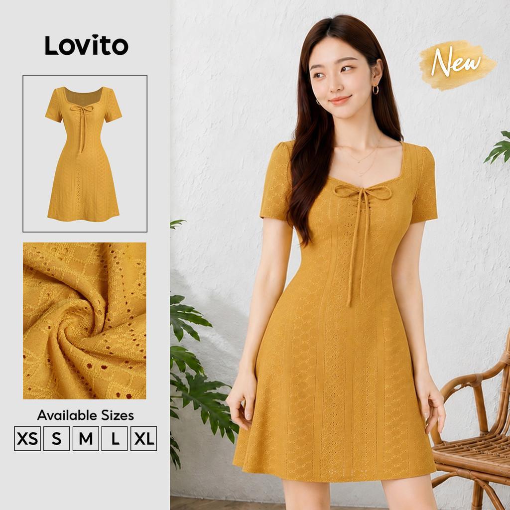 (New Arrival) Lovito Vestido Boho Jacquard Amarração Simples Turmérico Primavera/verão Feminino DRB202P2D585