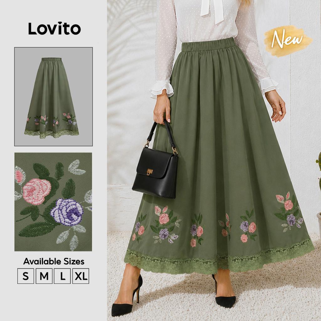 (New Arrival) Lovito Saias Boho com Estampa de Renda Saias de Primavera/verão pa