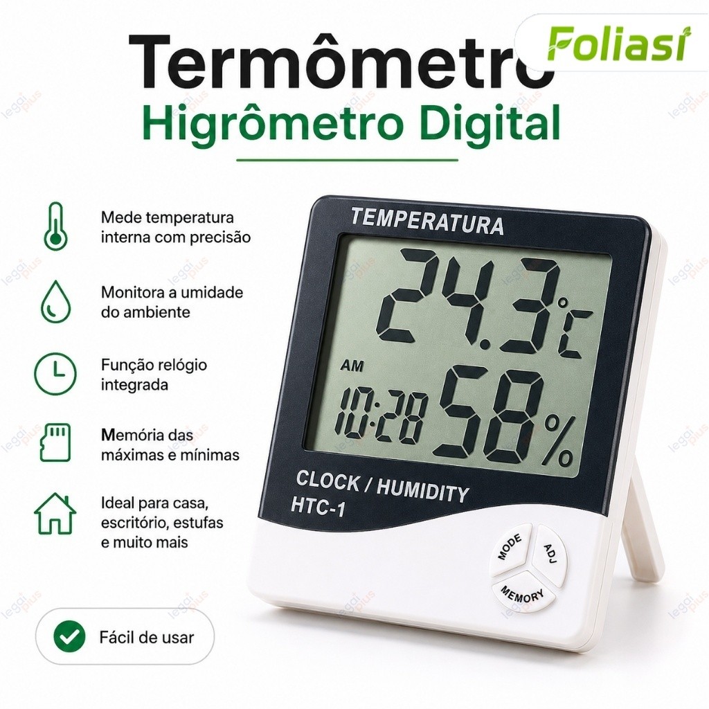 Higrômetro termômetro digital medidor umidade temperatura com máxima mínima relógio e despertador
