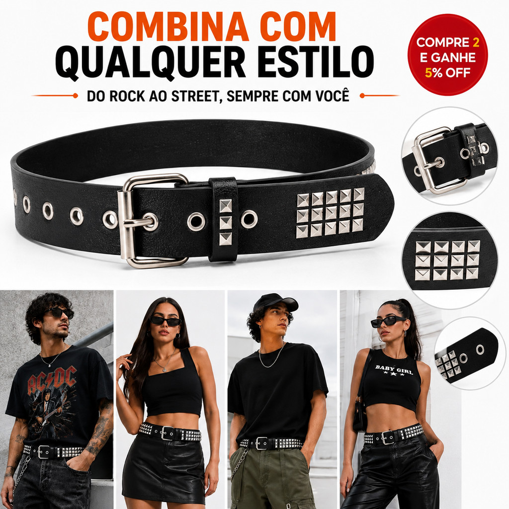 Cinto Punk Feminino Preto com Rebites Quadrados para Calça Jeans Vestido e Shorts